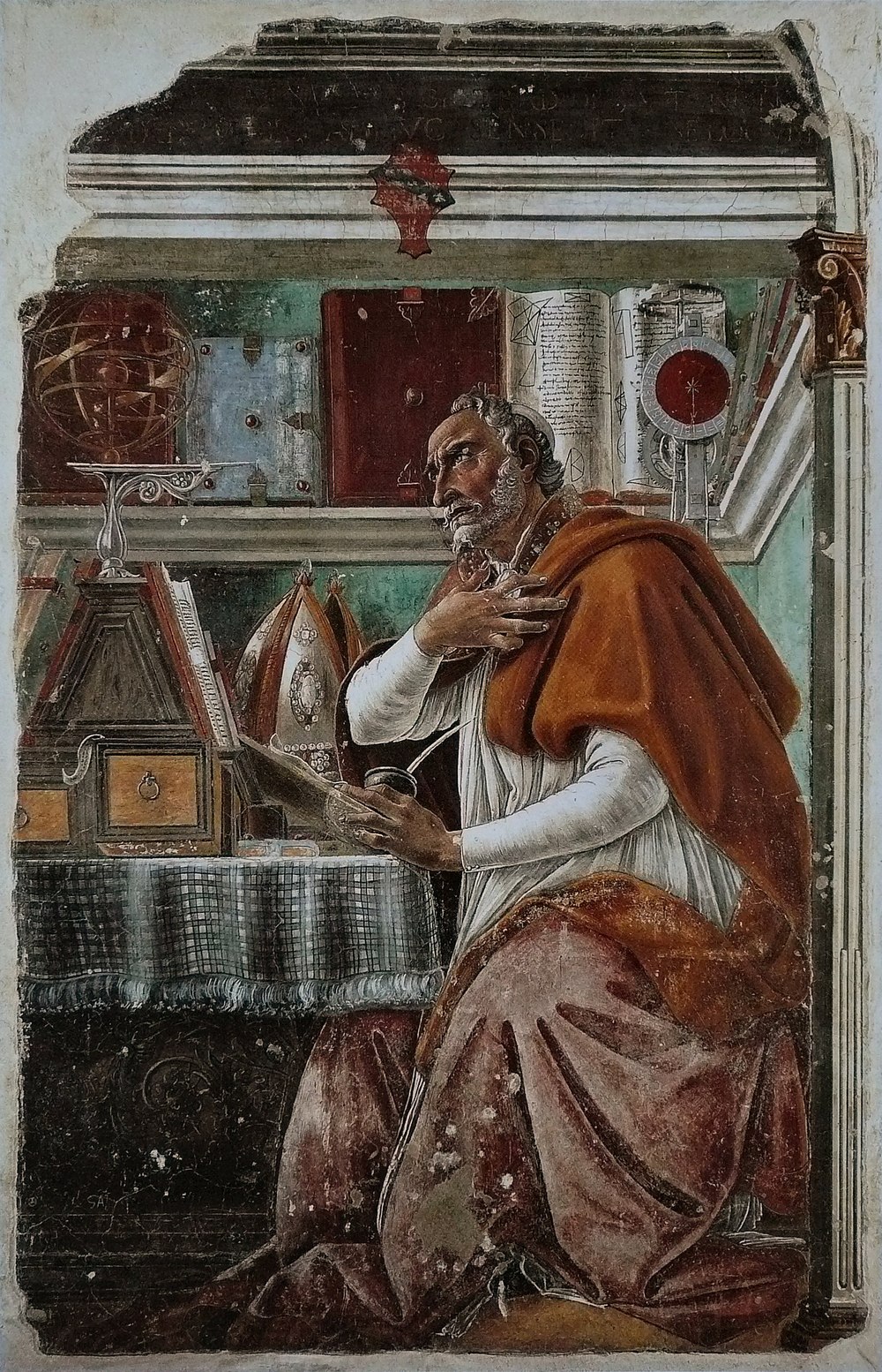 Saint Augustine at his desk, surrounded by books and scholarly instruments, in Botticelli’s fresco